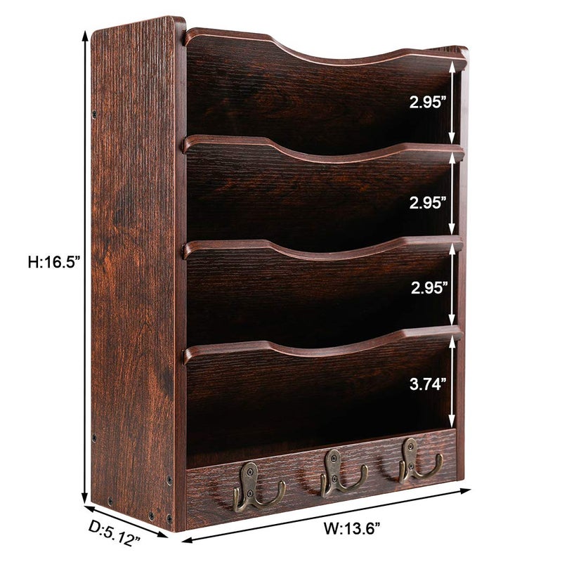 PAG 5-Tier Wall File Holder Hanging Mail Organizer Wood Magazine Literature Rack with 6 Hooks, Brown - Image 3